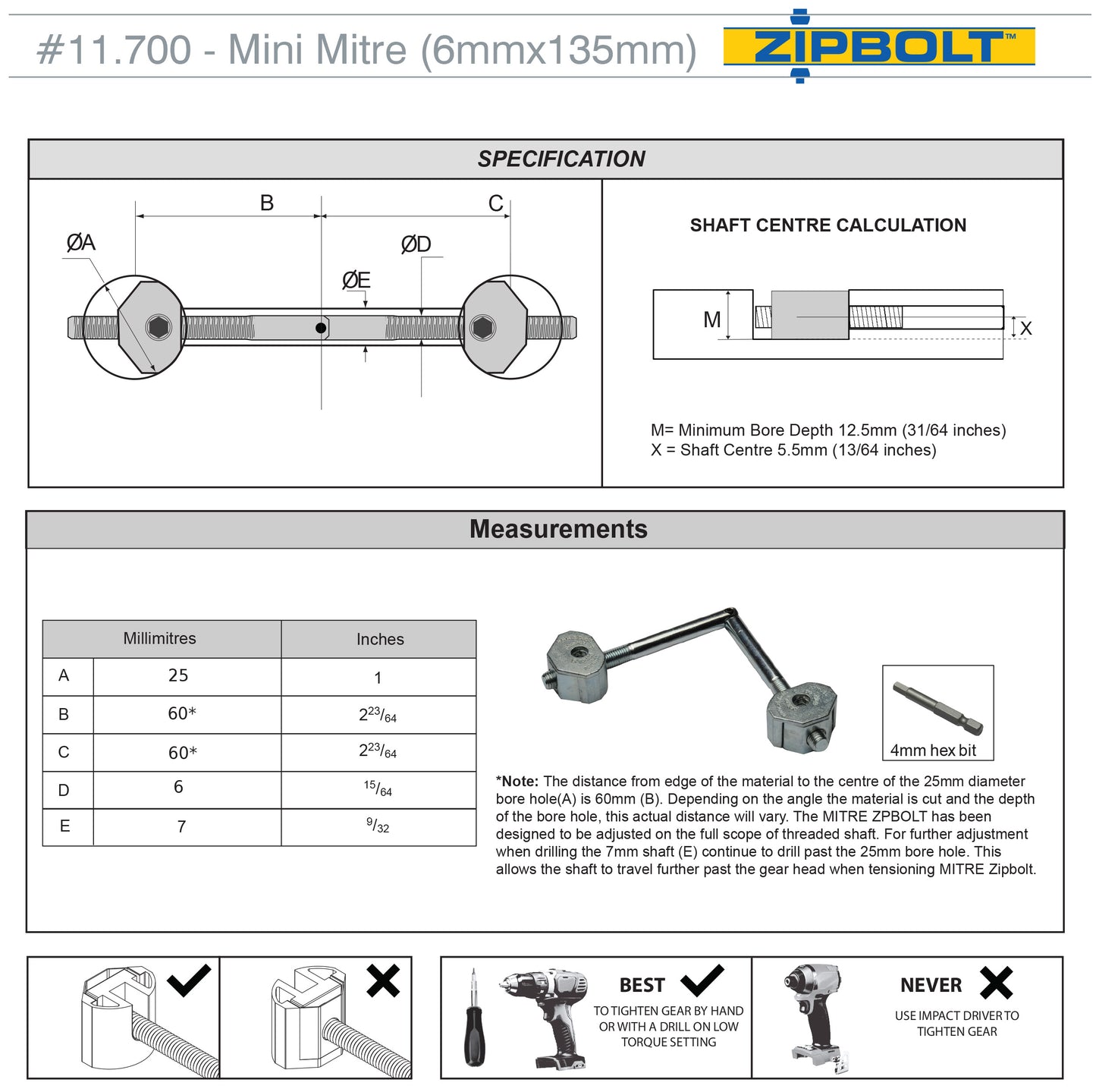Zipbolt 11.700 Mini Mitre Connector — Connects Furniture Components, Mitered Staircase Handrails, and More, Residential and Commercial Installation, New Construction and Remodels