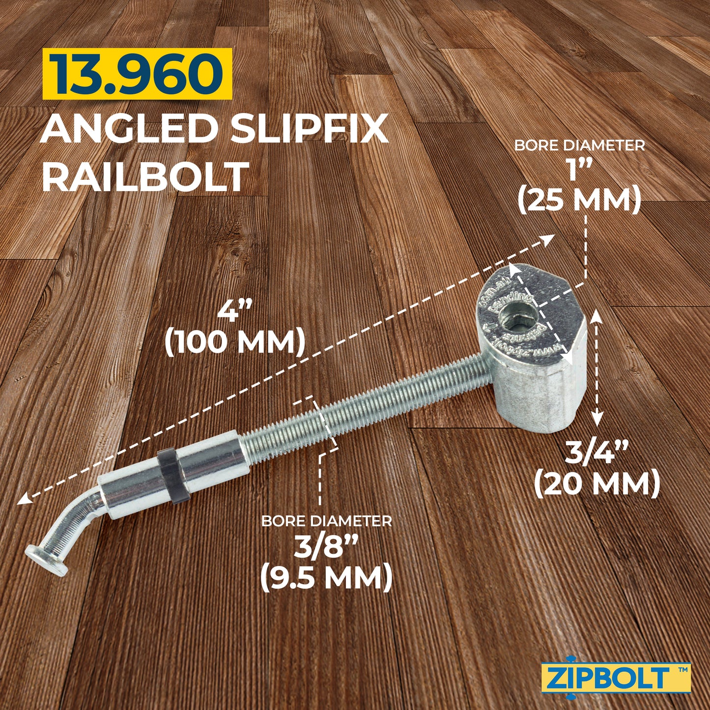 11.560 Angled Railbolt + 13.960 Angled Slipfix Railbolt — Angled Staircase Handrail to Newel Post Installation Kit