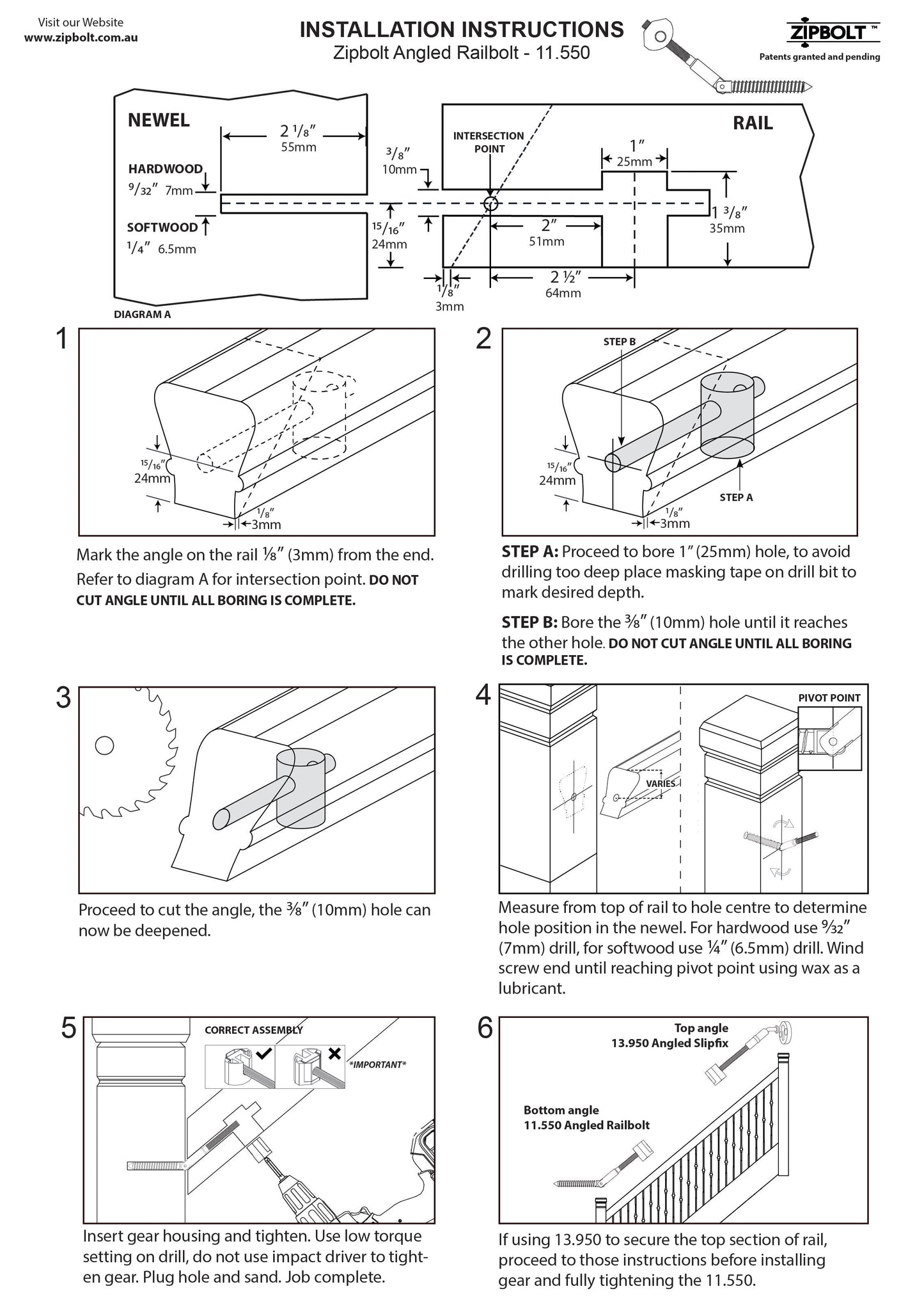 11.560 Angled Handrail to Newel Post Connector — Angled Railbolt for Lower Staircase Connection
