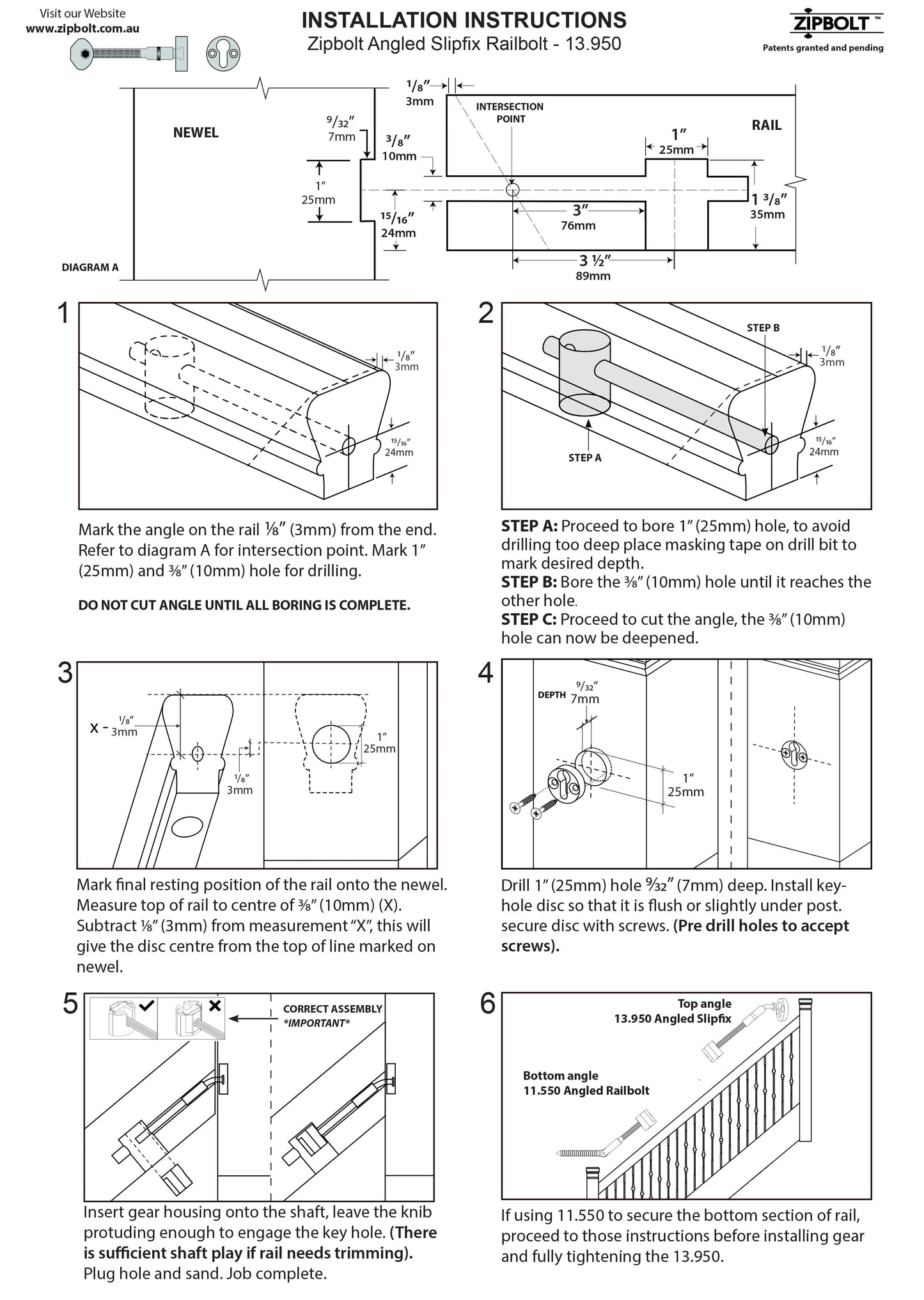 13.960 Angled Slipfix Railbolt Handrail to Newel Post Connector — Connect Angled Handrail to Staircase at Upper Connection