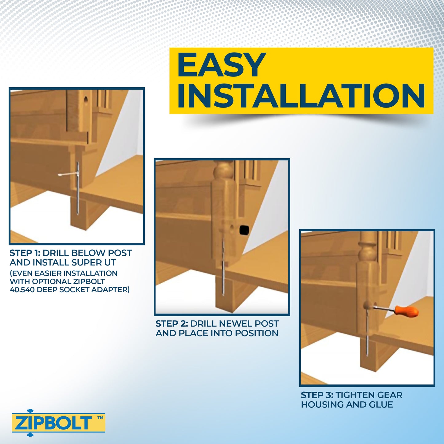 14.110 Super UT Newel Post Fastener — Quick and Easy Wrench-Free Installation of Staircase Newel Posts