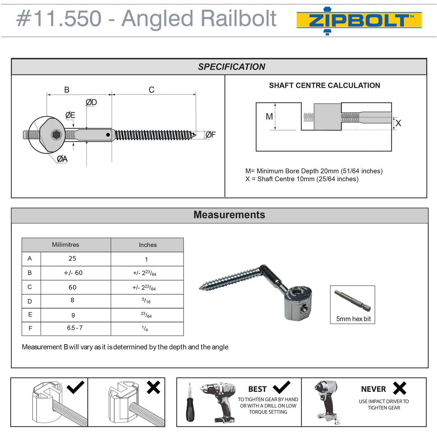 11.560 Angled Handrail to Newel Post Connector — Angled Railbolt for Lower Staircase Connection