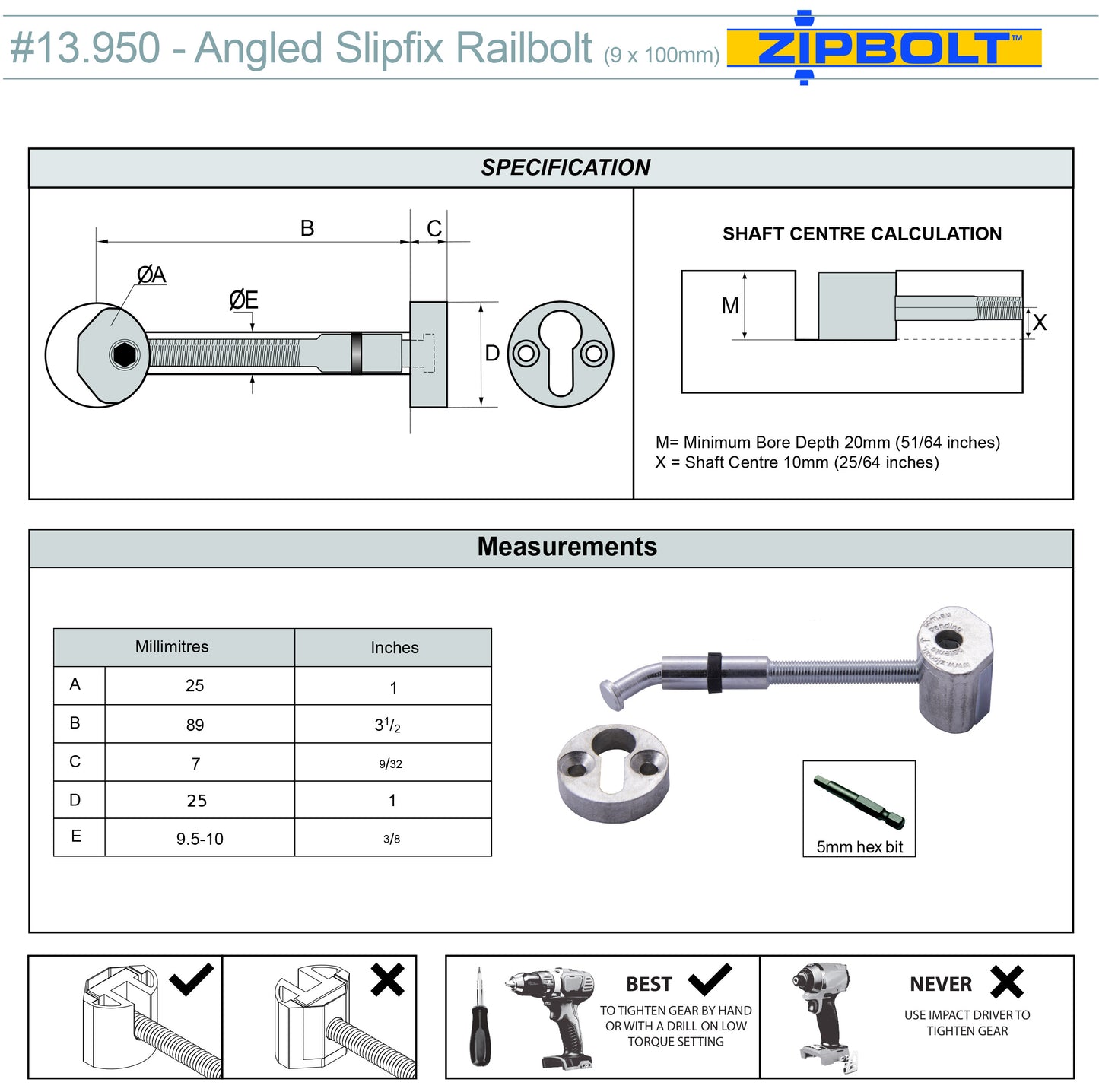 13.960 Angled Slipfix Railbolt Handrail to Newel Post Connector — Connect Angled Handrail to Staircase at Upper Connection