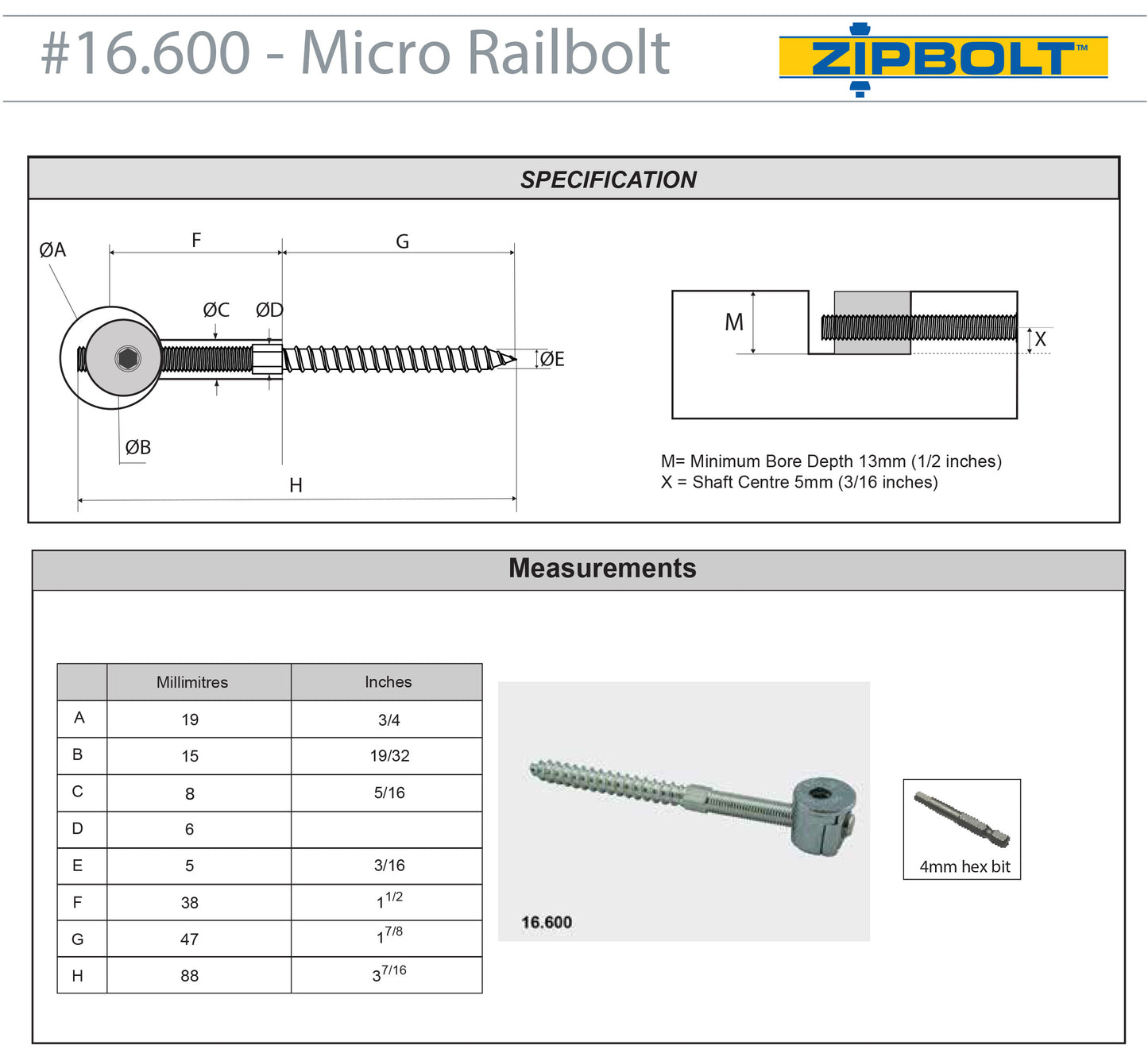 16.610 Micro Railbolt – Low Profile Staircase Handrail to Fittings Connector – 1 Double Pack