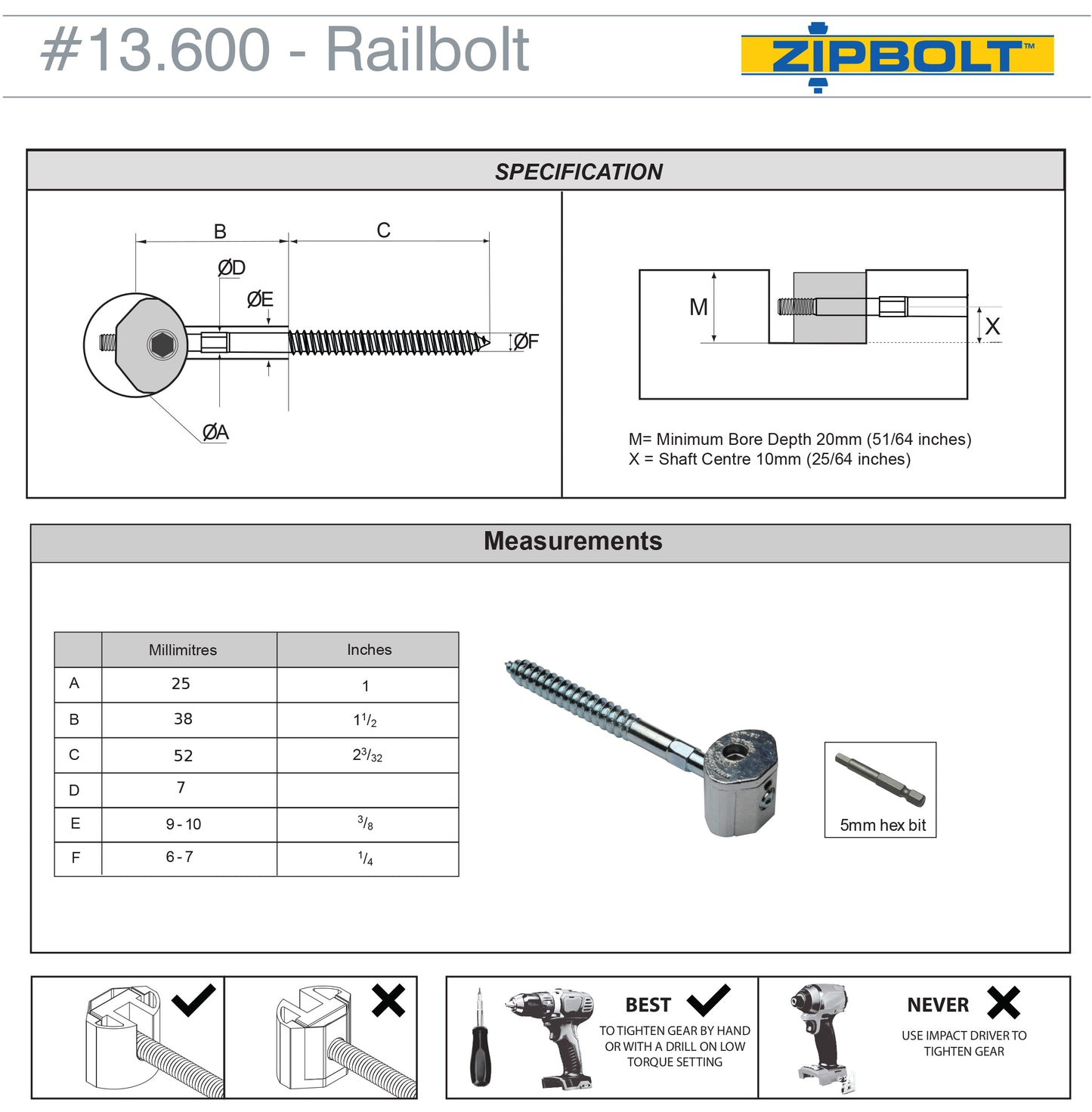 13.610 UT Railbolt — Connect Staircase Handrails to Staircase Fittings and Newels