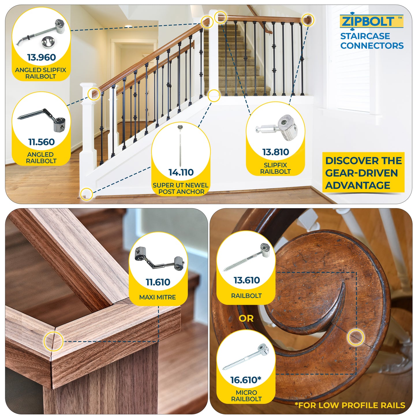 14.110 Super UT Newel Post Fastener — Quick and Easy Wrench-Free Installation of Staircase Newel Posts