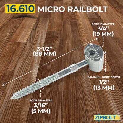 16.610 Micro Railbolt – Low Profile Staircase Handrail to Fittings Connector – 1 Double Pack