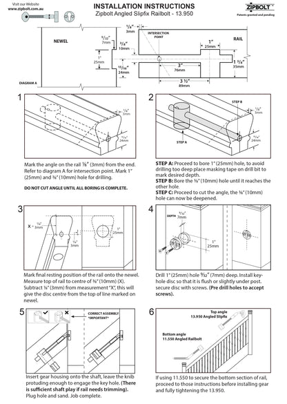 13.960 Angled Slipfix Railbolt Handrail to Newel Post Connector — Connect Angled Handrail to Staircase at Upper Connection