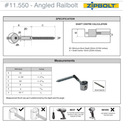 11.560 Angled Handrail to Newel Post Connector — Angled Railbolt for Lower Staircase Connection