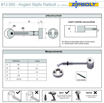 13.960 Angled Slipfix Railbolt Handrail to Newel Post Connector — Connect Angled Handrail to Staircase at Upper Connection