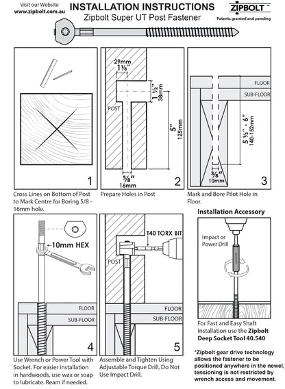 14.110 Super UT Newel Post Fastener — Quick and Easy Wrench-Free Installation of Staircase Newel Posts