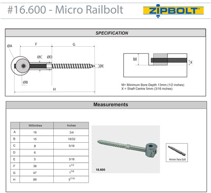16.610 Micro Railbolt – Low Profile Staircase Handrail to Fittings Connector – 1 Double Pack