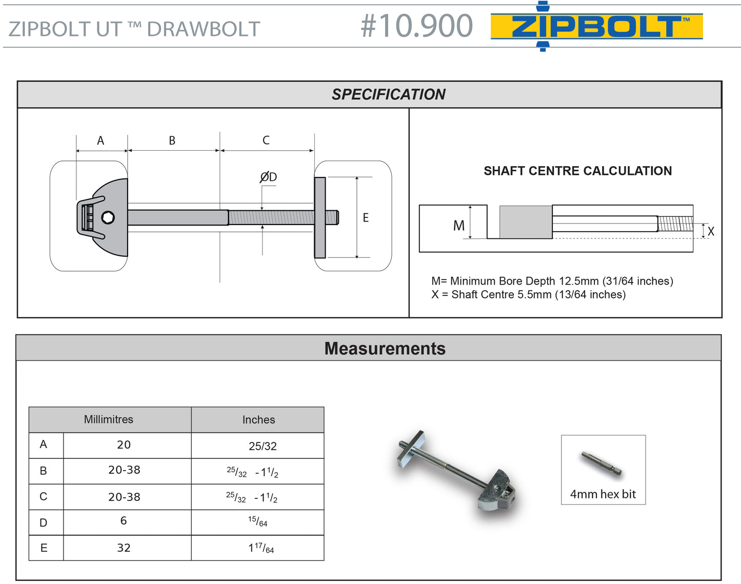 10.900 Countertop Miter Connector — Joint Connector Drawbolt for Joining Countertops, Butcher Blocks, Furniture, and More - Single-Handed Tightening