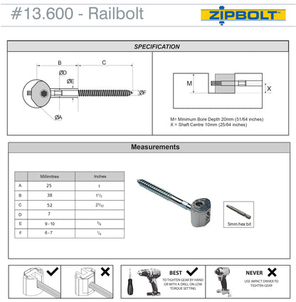 13.610 UT Railbolt — Connect Staircase Handrails to Staircase Fittings and Newels