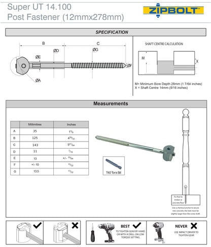 14.110 Super UT Newel Post Fastener — Quick and Easy Wrench-Free Installation of Staircase Newel Posts